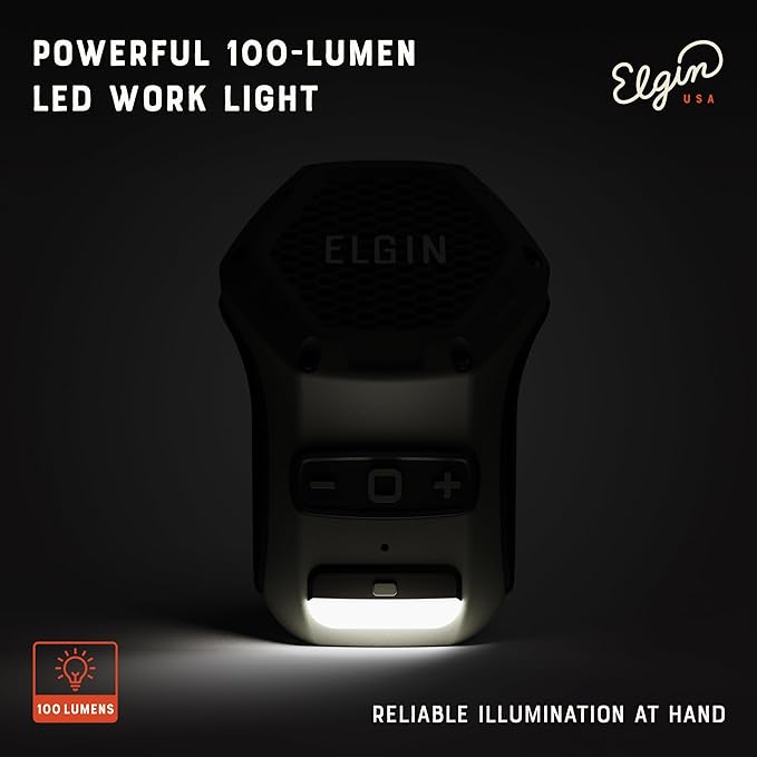 Elgin Thumper Mini Wearable Bluetooth Speaker, 35-Hour Battery Life, 50 ft Wireless Range, Water-Resistant, Magnetic Mount & Clip-On Design with LED Work Light for Jobsite, Outdoor & Everyday Use