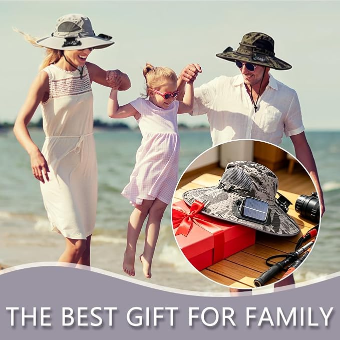 Solar Fan Hat Rechargeable 2Detachable Solar Fans,Water-Repellent Wide Brim Bucket Hat, Outdoor Camping Hiking Golf Sun Hat