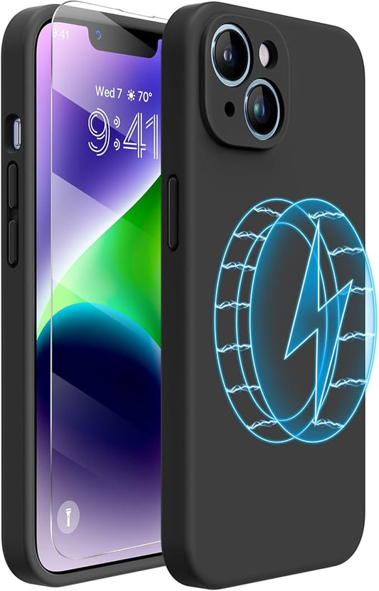 Miracase Magnetic Case Designed for iPhone 14 Case with Screen Protector,[Upgraded Enhanced Camera Protection],Shockproof Liquid Silicone Case 6.1 inch,Black-Magnetic