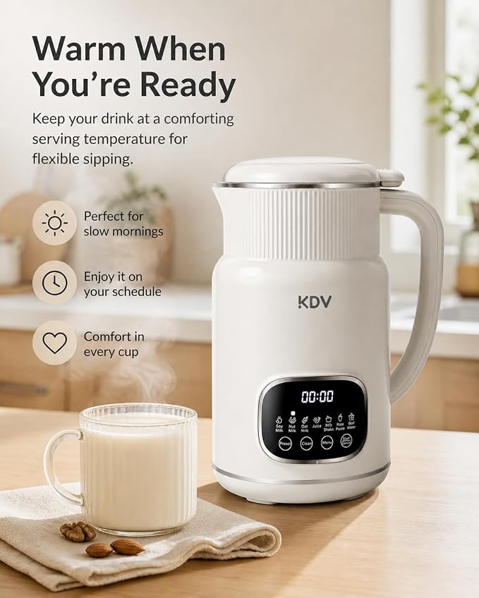 KDV Nut Milk Maker Machine, 8-in-1 Multifunction Soy Milk Maker with Stainless Steel, Homemade Soy, Almond, Oat, Coconut, Plant Based & Non-Dairy Beverages, 24H Delay Start, Keep Warm, Auto Clean