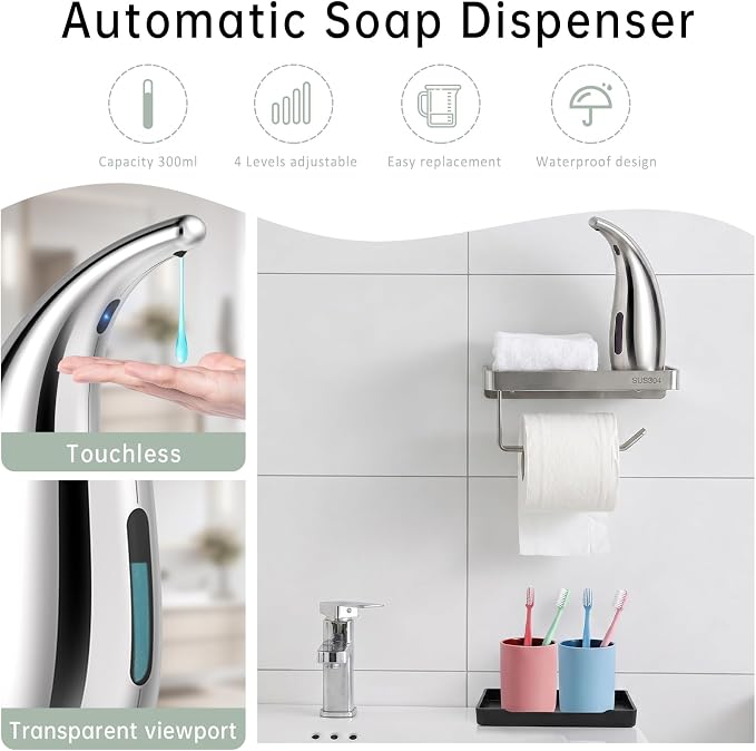 5-in-1 Automatic Soap Dispenser Touchless Set,300ML Hand & Dish Countertop Electric Liquid Rechargeable Dispenser with Sensor,Modern 4 Gear Adjustable Kitchen Auto Soap Pump