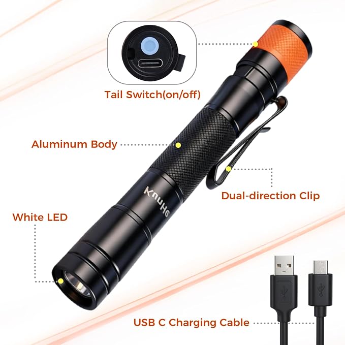 KunHe 180 Lumen LED Portable Rechargeable Pen Flashlight 5-Pack Waterproof Pocket Flash Light Single Mode Easy to Use with Clip Suitable for Inspection Camping and Daily Use