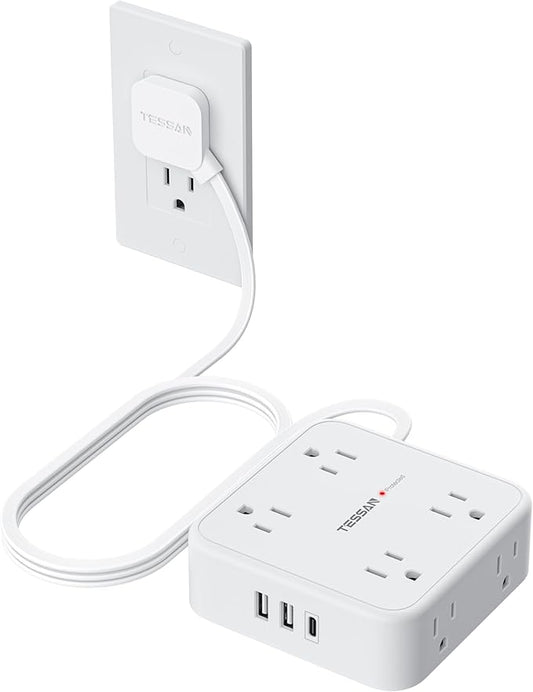 TESSAN Surge Protector Power Strip, 5 Ft Flat Plug Extension Cord with 3 USB (1 USB C) 8 Outlets, 1250W, 900J Protection, 3 Sided Outlet Extender with Power Switch for Office, Dorm Room, White