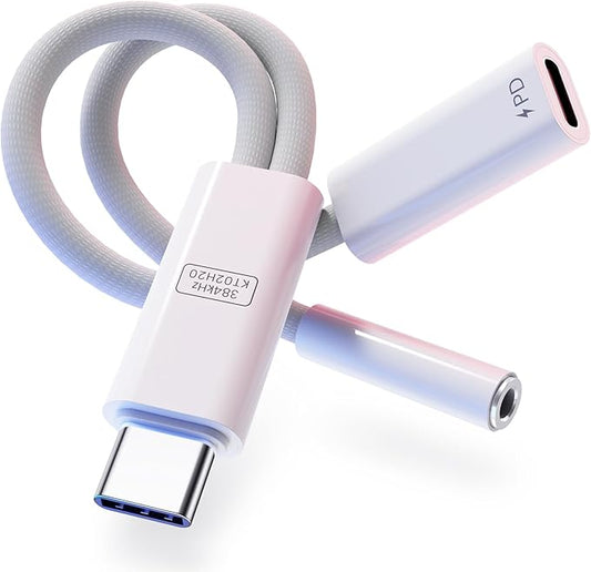 VUM 32-bit/384kHz Hi-Fi DAC & PD 60W Charger USB-C to 3.5mm Headphone Jack Audio Adapter, Aux Audio Dongle Cable with Type C Fast Charging,48kHz Mic Input Supported, 2-in-1 Hi-Res Headphone Splitter
