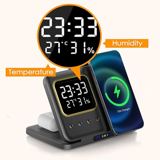 IHAO 5in1 Multi Functional Wireless Charger with Digital Clock 15W Fast Charge Night Light Temperature Display MagSafe Compliant for iPhone iWatch and Qi Headphone-DH13 Black