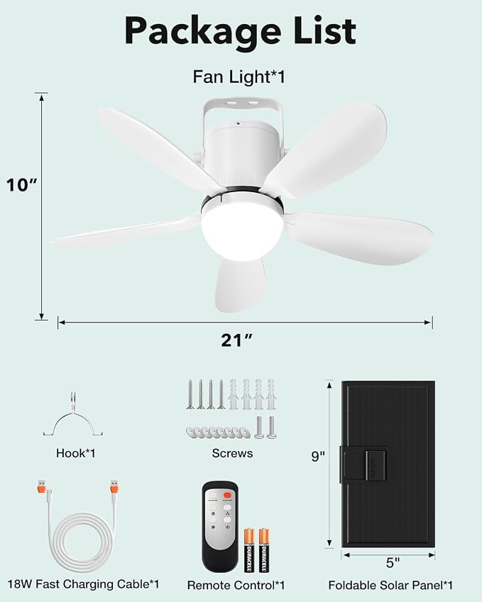 21” Solar Ceiling Fan Light, Battery Operated Camping Fan with Remote Contorl & 30W Portable Foldable Solar Panel, Rechargeable Gazebo Fan Light Outside for Tent Canopy Pergola Travel