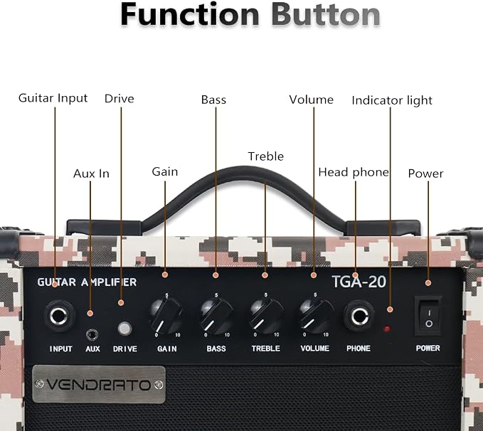 Electric Guitar Amplifier Camo Pixel Color 20W Guitar Amp Portable Practice 6.5Inch Speaker Input Jack Aux Drive Gain Bass Treble Volume Headphone Multi Function Suitable for Beginner Starter