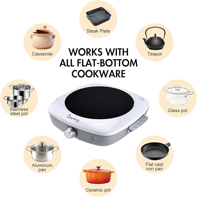 Davivy Single Burner Electric Hot Plate, 1200W Portable Cooktop with Scratch-Resistant Ceramic Glass, Lightweight 3.1lbs with Handle for Easy Carry – Ideal for Travel, Dorms, and Home Kitchen