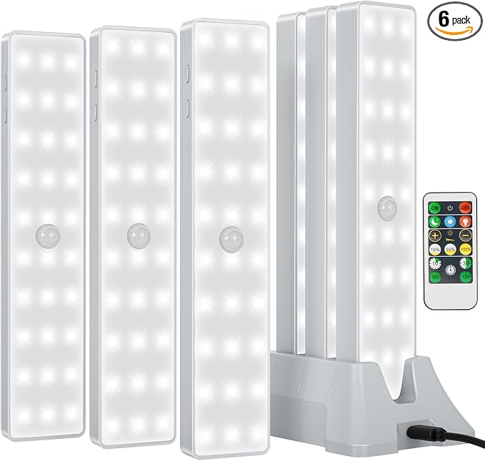 Racokky Under Cabinet Lights with Charging Station, 6 Pcs Rechargeable Motion Sensor Closet Lighting, Dimmable RV Step Lights Stick-Anywhere LED Night Bar for Kitchen, Wardrobe, Stairs (White)