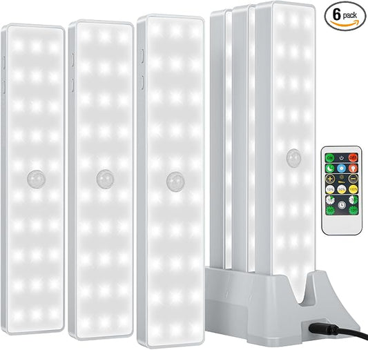 Racokky Under Cabinet Lights with Charging Station, 6 Pcs Rechargeable Motion Sensor Closet Lighting, Dimmable RV Step Lights Stick-Anywhere LED Night Bar for Kitchen, Wardrobe, Stairs (White)