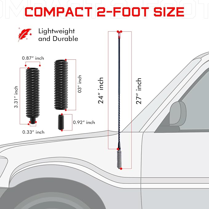 Prostick 2` Foot Fiberglass 1000 Watt - Black CB Radio Antenna with Heavy Duty Stainless Steel Spring