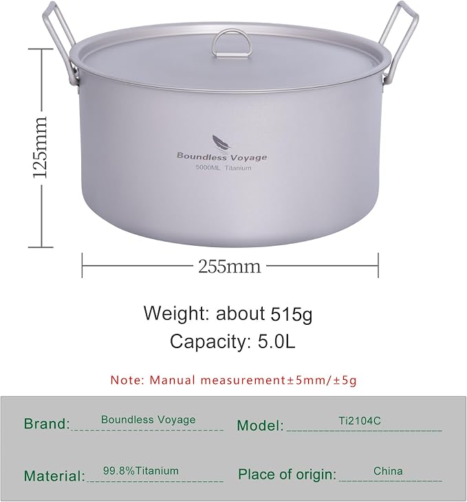 Boundless Voyage 5L Titanium Cooking Pot with Lid & Folding Handle Large Soup Pot for Outdoor Camping Hiking Picnic Home Kitchen Ultralight Cookware Ti2104C