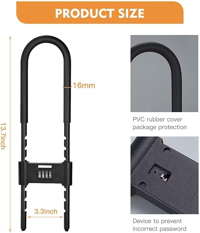 Long Shackle Padlock -U-Lock-Bike Combo U-Lock - Four-Position Combination Padlock -with Adjustable Shackle - Suitable for Bicycles, e-Bikes, Mountain Bikes, Glass Doors