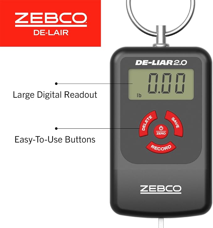 Zebco De-Liar 2.0 Digital Fish Scale, 50-Pounds/23-Kilograms Capacity, Compact Design, Durable Construction, Non-Puncturing Clamp-Style Lip Grip, Black/Red