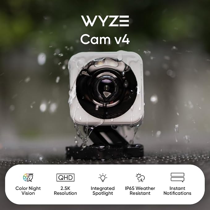 WYZE Cam v4 (Latest Model), 2.5K AI Security Camera, Indoor/Outdoor Cameras for Home Security, Baby Monitor & Pet Camera, Vibrant Color Night Vision, No Subscription Required, Free Expert Help
