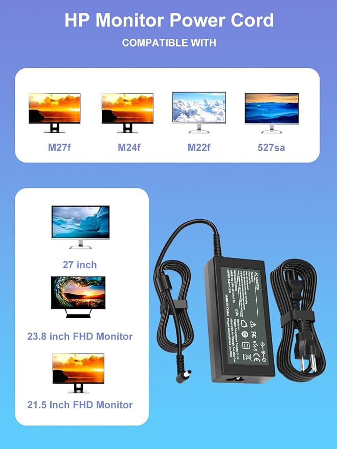 19.5V Power Cord Compatible with HP Monitor M27f M27fw m27fe M24fw M24f M27ha M27fwa M27fq M27fd M24fe m24fwa M22f 527sa 527sf 524sa 524sw 524sf 527sh Blue Tip Adapter