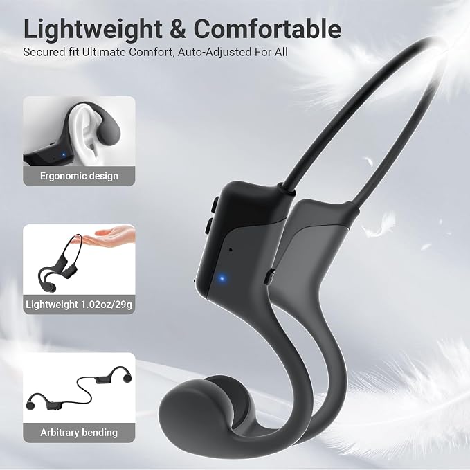 Bone Conduction Open-Ear Headphones，Bluetooth 5.4，IPX5 Waterproof，8 Hrs Battery Life，Comfortable Sports Earphones for Running，Gym