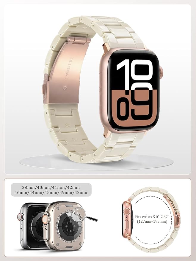 V-MORO Resin Bands Compatible with Apple Watch Series 11/10/9/8/7 45/46mm Rose Gold Buckle Lightweight Jewelry Fashion Strap Bracelet for iwatch Series SE/6/5/4/3/2/1(Buttercream,42/44/45/46/49mm)