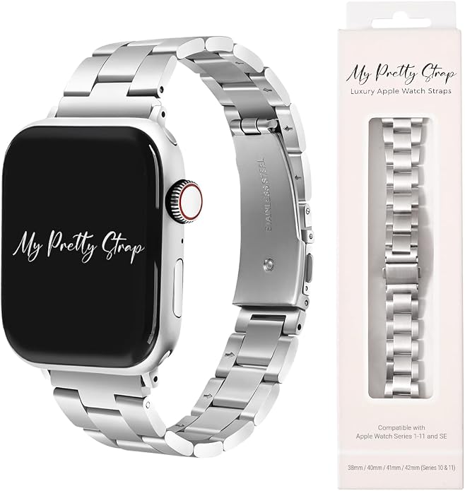 My Pretty Strap - Compatible Apple Watch Band Strap, Stainless Steel Fashion iWatch Replacement Strap- Easy Resizing, No Tool Needed, Fits Most Wrists- Compatible with Series 1-11, SE and Ultra