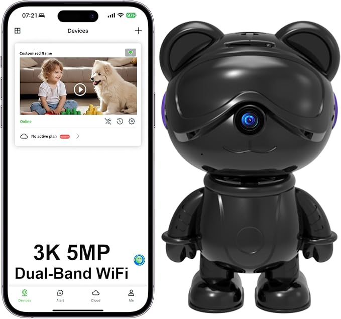 3K 5MP Indoor Security Camera for Home – Cute Bear Baby Monitor & Pet Camera, 2.4/5G WiFi, AI Human & Pet Detection with Auto Tracking, IR Night Vision, RTSP/ONVIF, Works with Alexa & Google