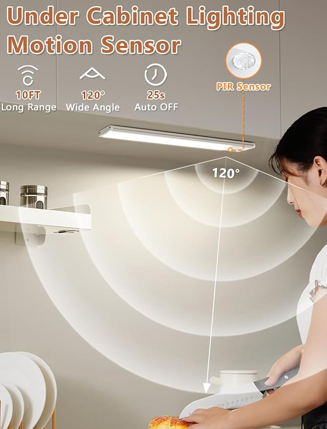 Under Cabinet Motion Sensor Lighting: 8 Inch Dimmable Rechargeable Lights Indoor - Battery Operated Lights - Undercabinet Closet Light Magnetic Led Light for Kitchen Home Bathroom Counter 2 Pack