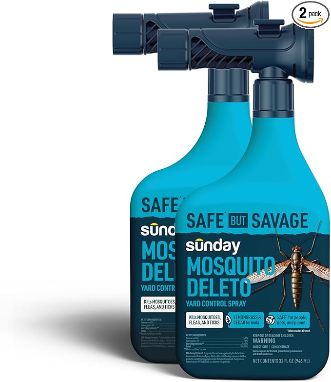 Sunday Mosquito Deleto - Mosquito Repellent & Bug Control Spray - Concentrated Lemongrass & Cedar Oils -for Mosquitoes, Fleas, & Ticks- Lasts up to 4 Weeks - Hose-On Sprayer, 32 Fl Oz, 2-Pack