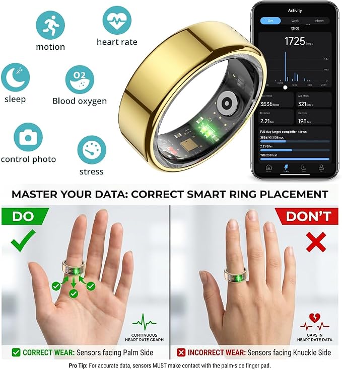 COLMI R02 Smart Ring, Smart Ring for Women and Men, No Subscription Fee, with a Charging Case, Supports Heart Rate, Blood Oxygen, Sleep Health Monitoring. (Gold, 9#)