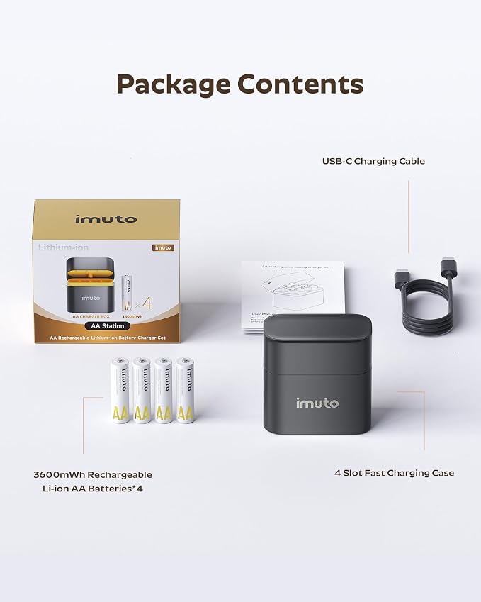 imuto for Meta Quest 2/3/3S Controller Accessories Rechargeable aa Batteries with Charger, 3600mWh aa Lithium Batteries 4 Pack, 4 Slot Storage case Lithium Battery Charger, 1.5V 2A Output