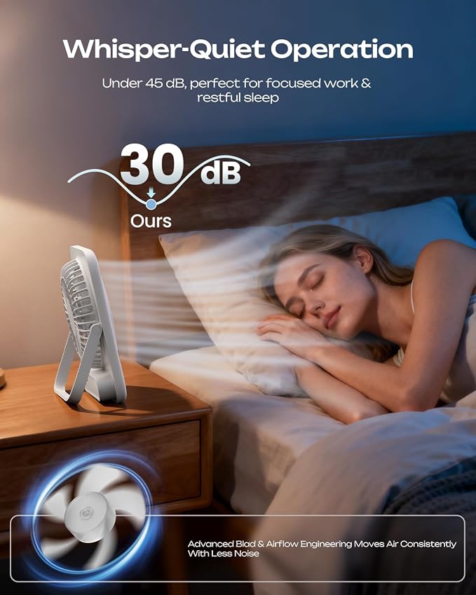 Otlonpe Portable Desk Fan 6.5 Inch, 4000mAh Rechargeable Battery Operated & USB Powered, 23Hrs Cordless Small Personal Fan 4-Speed Quiet for Office Travel Home Sleeping, Led Display, Foldable (White)