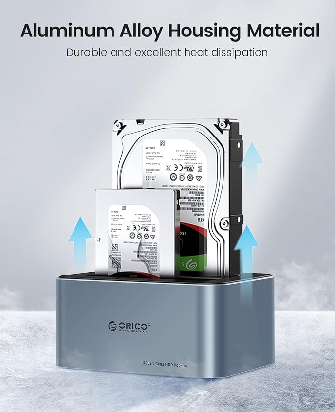 ORICO Hard Drive Docking Station with Offline Clone, Aluminum Alloy Dual Bay USB C to SATA Hard Drive Dock Holder for 2.5 or 3.5 Inch HDD 36TB UASP Support,Gray (6626C3-C)