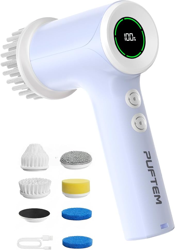 PUFTEM Shower Scrubber, Electric Spin Scrubber for Bathroom Cleaning – Cordless Shower Cleaner Brush with 6 Brush Heads, Dual-Direction Rotation for Grout, Tile, Tub, Sink & Corners, Purple