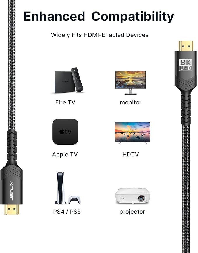 JSAUX 8K HDMI Cable 2.1 2 Pack 10ft, 48Gbps Ultra High Speed HDMI Cable Braided Cord (4K@144Hz, 4K@120Hz, 8K@60Hz) HDCP 2.2&2.3 HDR 10 eARC ARC, Compatible with Switch 2/PS5/Laptop/Monitor/HDTV/-Black