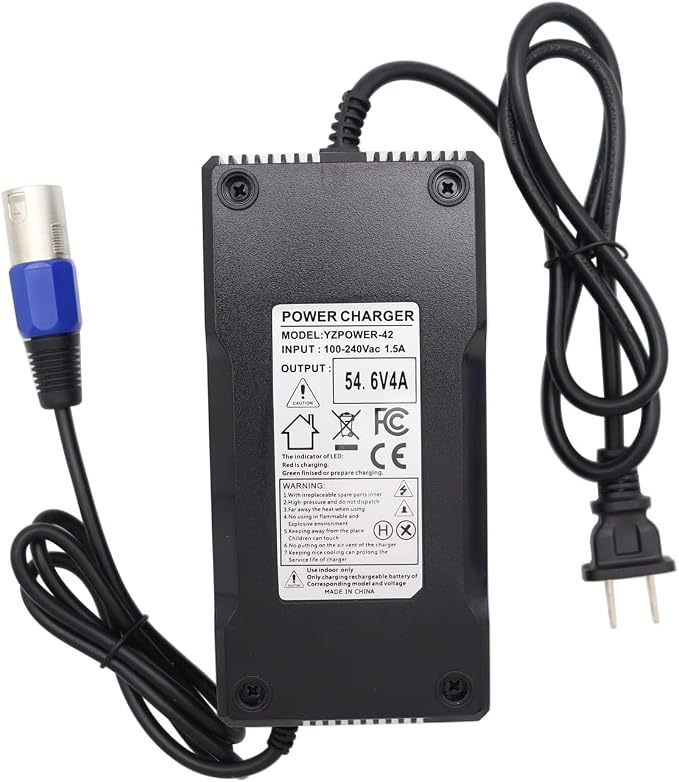 54.6V 4A / 48V 4A AC Adapter Power Supply Lithium Battery Charger for 13S 48V Lithium Li-ion Batteries Pack with 3 Pin XLR Plug