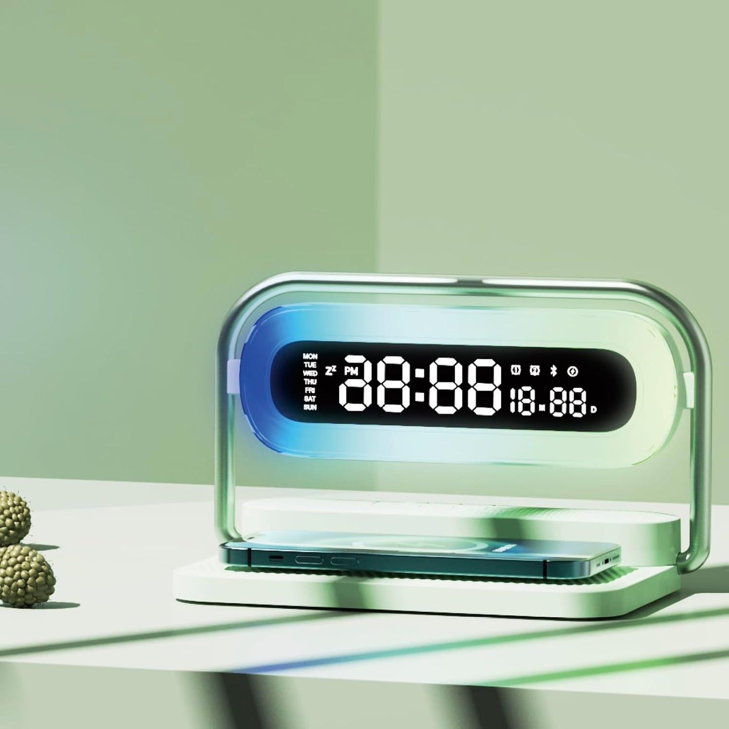 4-in-1 Multifunction Mobile Wireless Charger with Colorful Night Lights, Bluetooth Speaker, Digital Clock Alarm ; M11