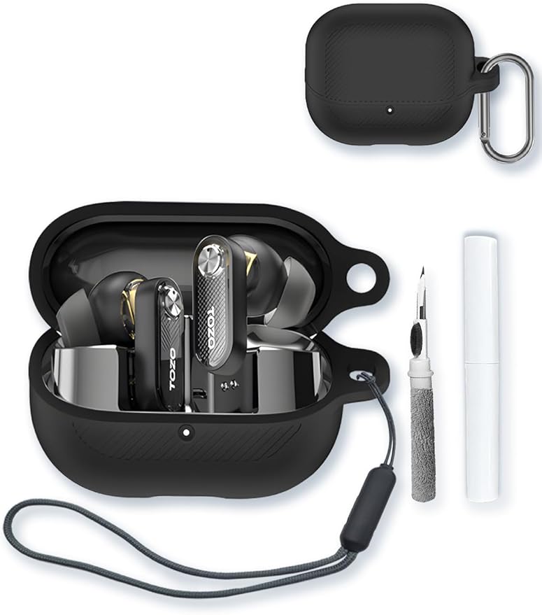 Case for TOZO Hybrid Active Noise Cancelling Wireless Earbuds,Soft Protective,BOVUGAC Silicone Case Cover with Keychain & Cleaning Kit & Lanyard for TOZO Crystal Pods Earbuds Item Number：T11147-Black