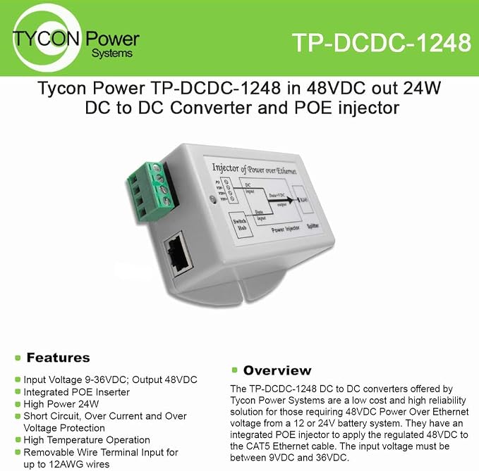 Tycon Systems TP-DCDC-1248 48V POE Out 24W DC to DC Converter and POE Inserter