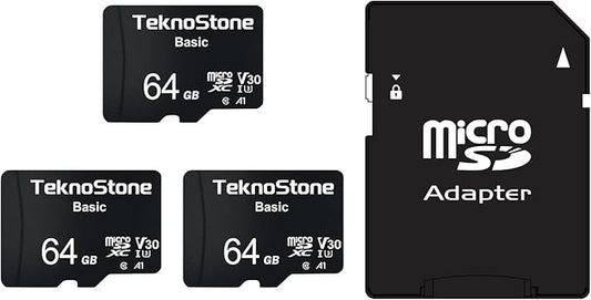 Basic 64GB MicroSDXC Flash Memory with Adapter 90MB/s Read 50MB/s Write UHS-I C10 U3 V30 A1 Rated HD Support TF Card for Dashcams Security Cameras Tablets Phones Drone Console (3 Packs)