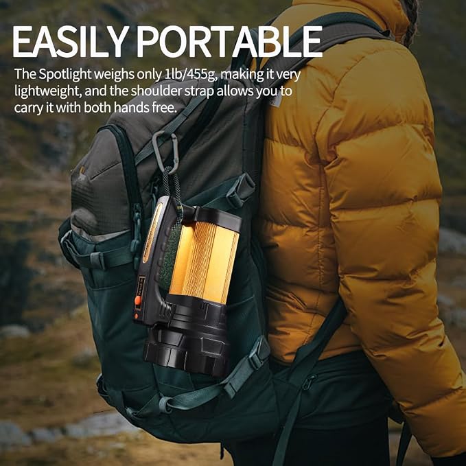 1200LM Rechargeable Spotlight Flashlight, IP67 Waterproof Handheld Flashlight with 3400mAh, 30H Runtime,USB,Led Spotlight with Shoulder Strap for Outdoor Camping Hunting Emergency