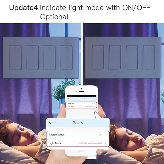 MoesGo WiFi Wall Push Button Smart Light Switch,Multi-Control, 2.4GHz WiFi Light Switches, Neutral Wire Required,Remote Control Smart Life/Tuya, Work with Alexa,Google Home White 4 Gang