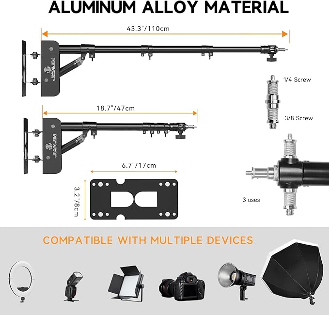 Ring Light Wall Mount 43.3inch/110cm, Ring Light Mount Support 180°Flexible Rotation for Studio Video Light, Monolight, Photography, Softbox, Reflector (43.3)