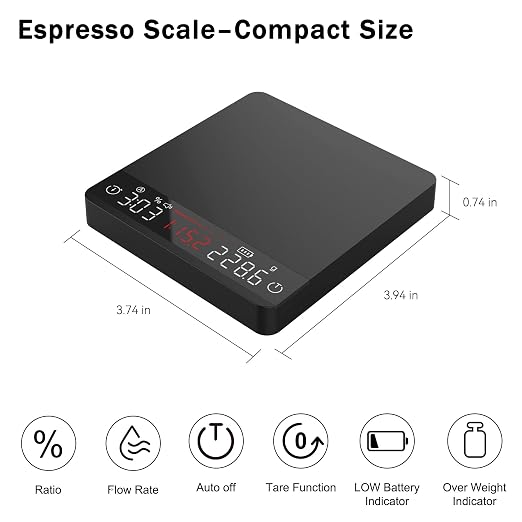 Mini Coffee Scale with Timer,Rechargeable Espresso Scale with Auto Timing, Ratio,Flow Rate Display,2kg/0.1g High Precision,for Espresso & Pour-Over Coffee,Portable Metal Digital Kitchen Scale,Black