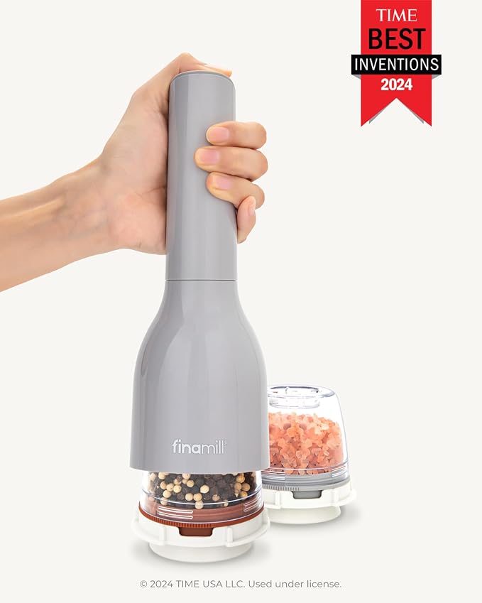 FinaMill Classic Battery Spice Mill – Battery Operated Salt and Pepper Grinder Set, Includes 2 Interchangeable Spice Pods, Adjustable Coarseness, LED Light, Home and Kitchen Gift Set for Father's Day