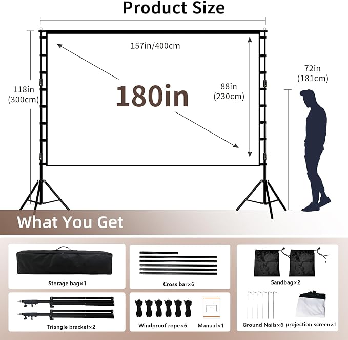 Wootfairy 180inch Projector Screen with Stand: Portable Wrinkle-Free Screen | Foldable 16:9 4K HD Front Rear Projection Movie Screen with Carry Bag for Indoor Outdoor Backyard Family Live Sports Night