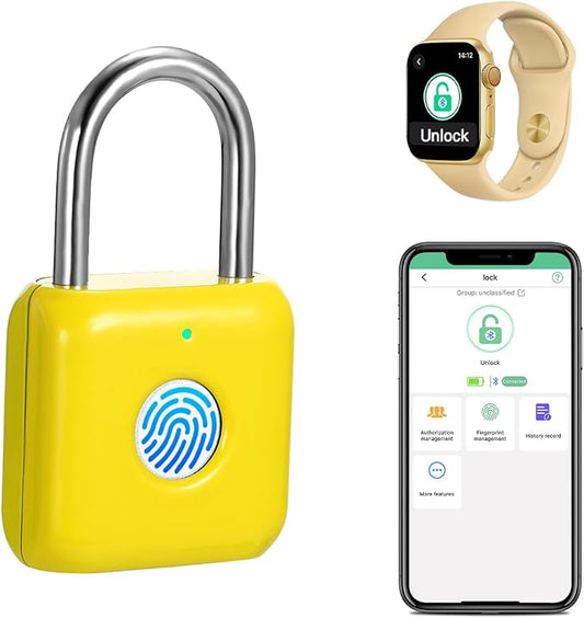 Fingerprint Padlock eLinkSmart Gym Locker Lock with Phone App iOS Watch Metal Keyless Combination Locks for School Sports Locker Hasp Storage Backpack Suitcase Yellow
