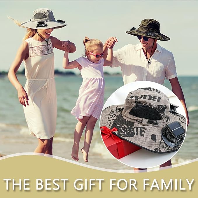 Solar Fan Hat Rechargeable 2Detachable Solar Fans,Water-Repellent Wide Brim Bucket Hat, Outdoor Camping Hiking Golf Sun Hat