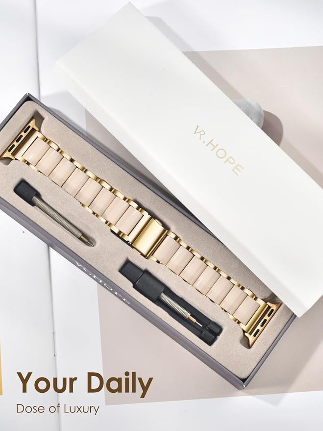 V.R.HOPE Apple Watch Band for Women 42mm 44mm 45mm 46mm 49mm Fashion Gold Stainless Steel Metal Strap with Resin Inlay, Fashion Bracelet Compatible with iWatch Series Ultra3/11/10/9/8/7/6/SE (Oatmeale+Gold)
