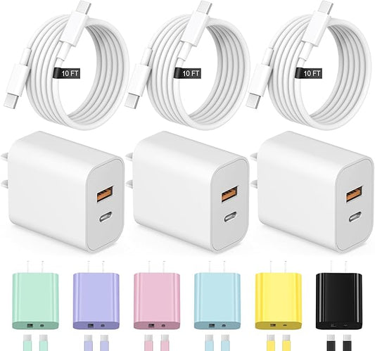 iPhone 17 16 15 Charger Fast Charging 10FT Long USB C Charger Cable with 20W Dual Port Block - Type C Charging Cable Compatible with iPhone 17/17 Pro/17 Pro Max/17 Air, 16/16e, 15, 3 Pack (White)