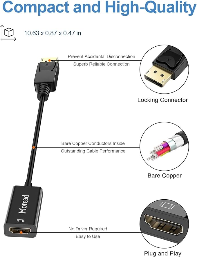 Moread 4K DisplayPort (DP) to HDMI Adapter, 5 Pack, Uni-Directional Gold-Plated Display Port Computer to HDMI Screen Converter (Male to Female) Compatible with HP, Dell, Lenovo & More, Passive - Black