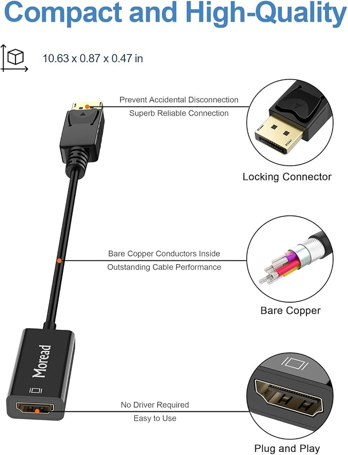 Moread 4K DisplayPort (DP) to HDMI Adapter, 10 Pack, Uni-Directional Gold-Plated Display Port Computer to HDMI Screen Converter (Male to Female) Compatible with HP, Dell, Lenovo & More, Passive -Black