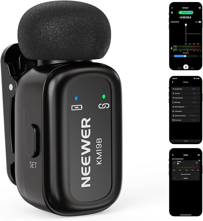 NEEWER KM19B Wireless Lavalier Microphone Transmitter with App Control, 10Hrs Battery, Noise Cancelling Magnetic Mini Clip On Lapel Lav Mic for iPhone Android Phone Video Recording Streaming Vlogging